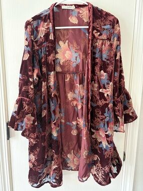 Live To Be Spoiled Burgundy Floral Burnout Velvet Kimono Duster Size L Gorgeous